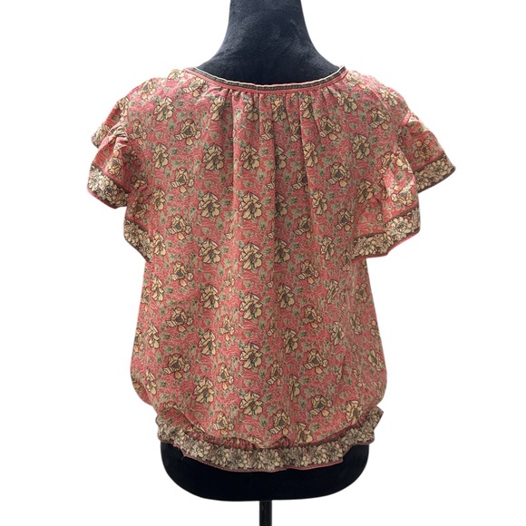 Max Studio Floral Ruffle Sleeve Blouse Pink Boho Bubble Hem Top Size Medium - Picture 4 of 8